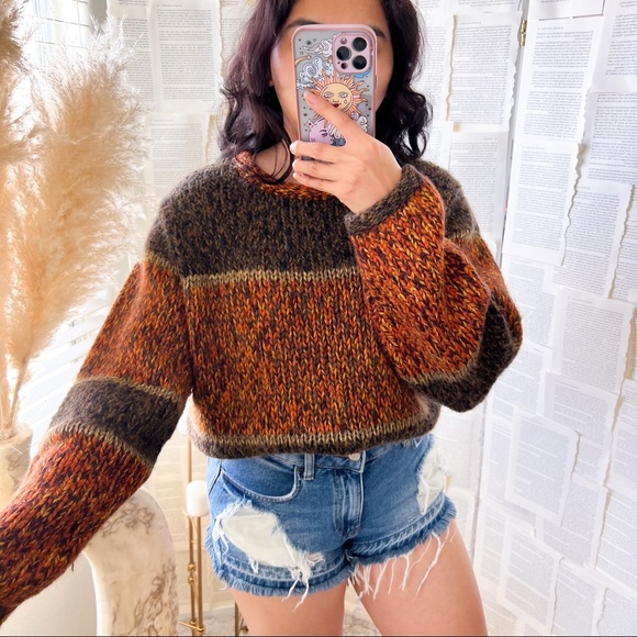 Fashion Bug Sweaters - FASHION BUG Orange Chunky Fuzzy Wool Knit Color Block Pullover Sweater